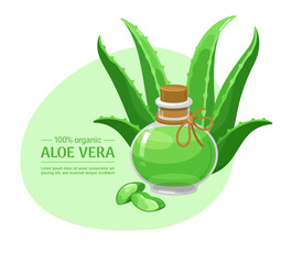 An illustration of the medicinal aloe vera plant with its juice in a bottle and succulent cut stems that highlight the plant s medicinal properties and its organic nature.