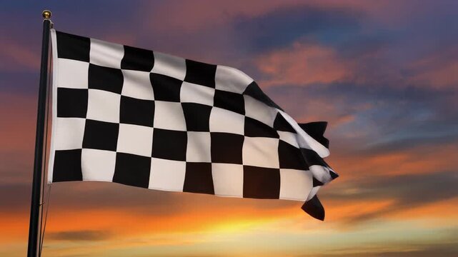 Checkered racing flag waving against a dramatic orange and purple sunset sky representing victory finish line and competitive achievement