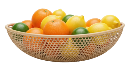 Isolated fruit basket brimming with citrus fruits oranges lemons limes for healthy diet snack