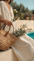 Woman in linen dress holding olive branches with straw basket by pool