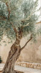 Ancient olive tree with textured trunk in Mediterranean courtyard setting