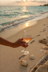 Romantic beach sunset with glass of ros&eacute; wine by the sea shore