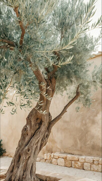 Ancient olive tree with textured trunk in Mediterranean courtyard setting