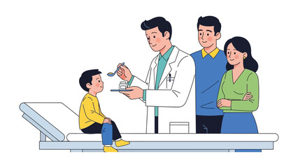Healthcare checkup: A caring doctor gives medication to a child in the presence of his parents. It is important to monitor health status to prevent any diseases. 