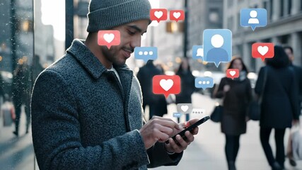 Man uses smartphone with social media icons on city street. Person receives likes while using phone outdoors. Man checks social notifications. Phone displays heart icons and messages in city.