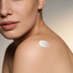 swatch of white cream on skin background, macro texture of the skin on which the cream is applied	