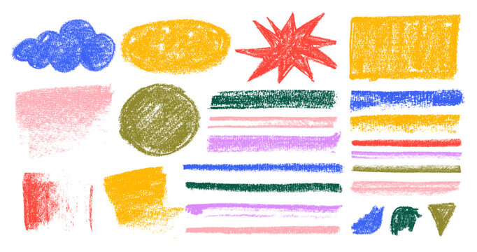 Abstract figures with charcoal set. Colored kid shape geometric crayon. Figure with texture and organic form. Geometry shape naive y2k style with crayon texture. Vector art grunge illustration.