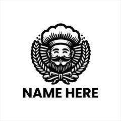 Charming Chef Illustration with Laurel Wreaths and Beard – Perfect for Culinary Branding