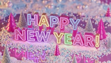 3D Happy New Year greeting with glitter text and neon lights. Festive pink winter landscape with miniature christmas trees. Whimsical holiday celebration background