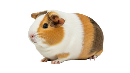 Isolated Tricolor Guinea Pig Pet Rodent Cavy Sitting Calmly, Looking Aside in Studio Shot