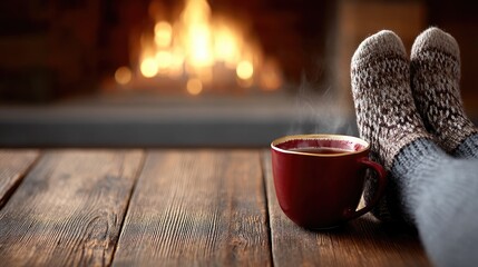 Feet in warm, patterned socks rest on a cozy couch with a cup of coffee nearby, while a crackling fire adds to the comfort of the scene