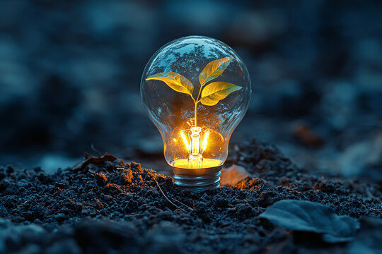 A small green plant grows inside a glowing glass lightbulb placed on dark soil, symbolizing eco innovation, clean energy, sustainability, and environmental responsibility.
