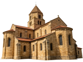 Isolated Romanesque church building with clay tile roof, weathered stone, and no background