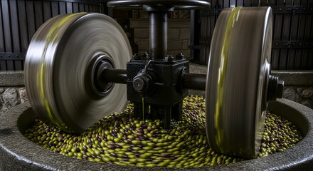 Old stone mill crushing olives for extra virgin olive oil extraction process with motion blur