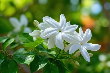 Naklejka premium Close-up shot of white jasmine flowers and green leaves. It’s perfect for beauty, spa, or aromatherapy websites.