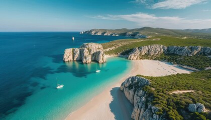 Beautiful coastline with rocky cliffs and boats in clear water near a sandy beach Generative AI