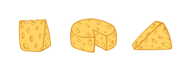 Hand drawn italian food in doodle style. Cheese pieces set in quirky crayon style. Italy ingredient, cheese chunk, mediterranean dinner element for pasta, menu. Minimal doodle sketch. Vector illustrat