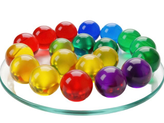 Isolated arrangement of colorful gel balls on glass plate, vibrant assortment, colorful objects