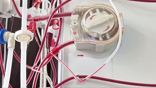 Dialysis machine. The centrifugal pump head moves blood through tubing and a dialyzer (artificial kidney) so that the pumped blood is filtered back into the body through another tube.