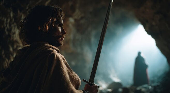 David cutting off a corner of King Saul's robe inside a cave.