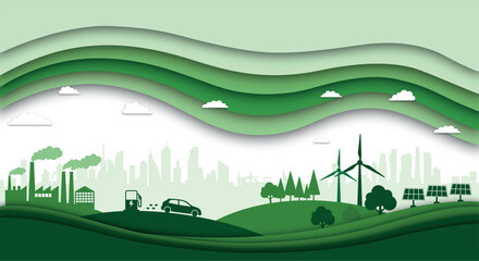 Cityscape meets nature: a layered illustration of green energy and urban life