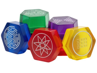 Isolated Hexagonal Prisms in Various Colors with Intricate Patterns Design, Shiny Surface