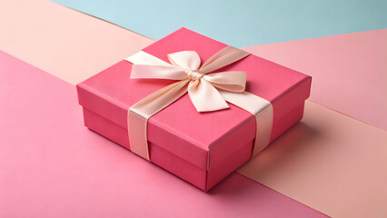 Obraz premium Pink gift box with ribbon on pastel background