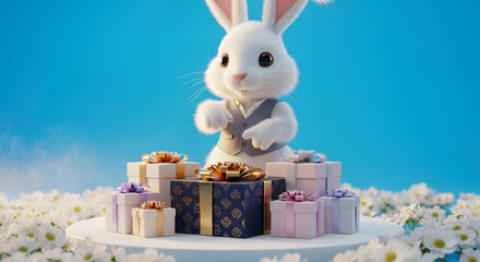 Adorable White Bunny Character in Vest Presenting Luxury Gift Boxes on a Flower Pedestal against Bright Blue Background for Holiday Banner Ad.