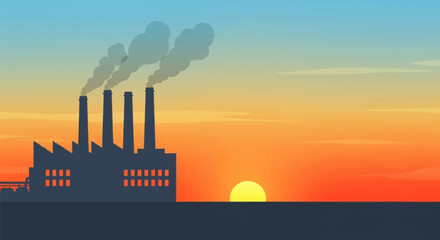 Obraz premium Industrial factory silhouette at sunset with smokestacks