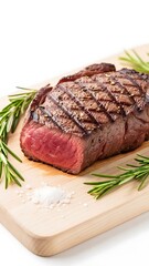 Juicy grilled steak with rosemary and salt on wooden board, perfect for summer BBQ ads and restaurant menus, mouthwatering and delicious, protein rich