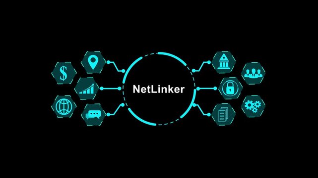 Net Linker Digital Network with Business and Technology Icons on Black Background NetLinker.