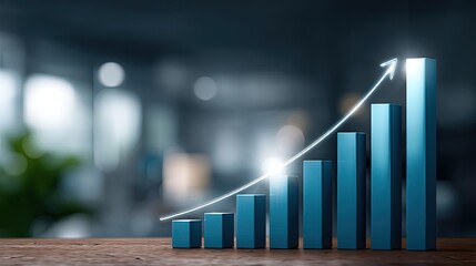 A 3D bar chart shows rising trends with a golden arrow pointing upward, set against a dark backdrop, suggesting growth and success