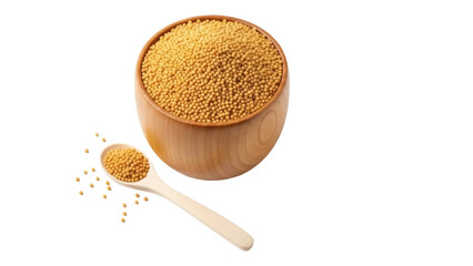 Isolated small mustard seeds in wooden bowl with spoon, cooking spice and ingredient