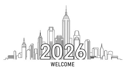 New Year Skyline: A modern, minimalist illustration of a cityscape with the year 2026 prominently displayed, welcoming the future.