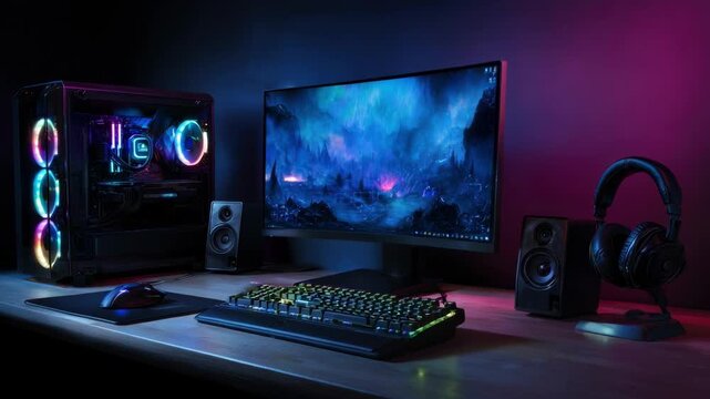 Tailored gaming PC setup with advanced cooling RGB lighting and ergonomic peripherals shown in a medium shot to emphasize highperformance hardware and immersive experience.