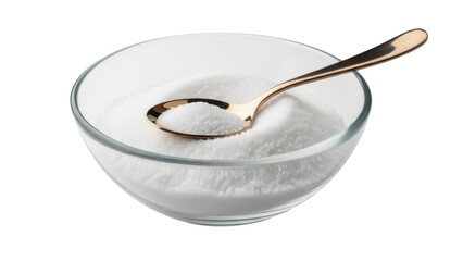 Isolated glass bowl of sugar with spoon, crystal granular, sweetness, dessert ingredient