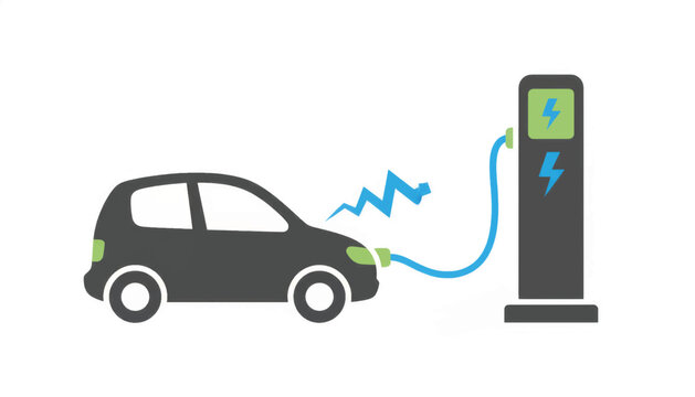 Electric car charging station icon. EV vehicle connected to power supply. Flat design vector illustration