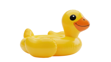 Isolated inflatable yellow duck raft, swimming pool float, fun summertime toy for children
