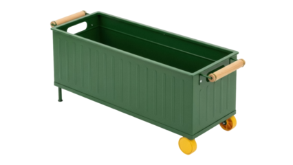 Isolated metal planter on wheels with wooden handles, green container, minimalist design