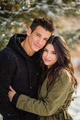 Naklejka premium A happy couple smiling and hugging in the snow. 