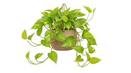 Isolated Pothos plant, Epipremnum aureum, cascading from a brown woven hanging planter © Agata