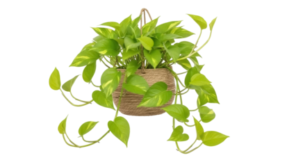 Isolated Pothos plant, Epipremnum aureum, cascading from a brown woven hanging planter