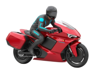 Isolated rider wearing futuristic suit on red sport motorcycle in studio shot, no background
