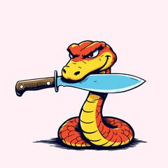 Obraz premium Vsai angry cartoon snake holding a knife mascot