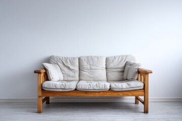 Wooden frame settee with plump light fabric cushions rests against a plain white wall