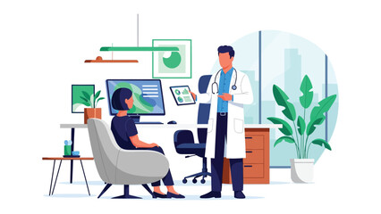 Medical Consultation: A digital illustration depicts a healthcare professional offering a digital tablet consultation to a seated patient in a well-lit doctor's office, fostering trust and care.