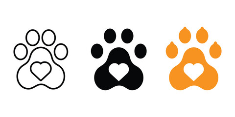 Fototapeta premium Pet footprint icon set. Heart with dog, cat pet footprint. Footprint print sign and symbol