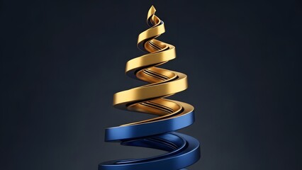 A golden 3d spiral Christmas tree with a star and gold ribbon on a black background creates an elegant holiday illustration for a merry xmas celebration greeting card