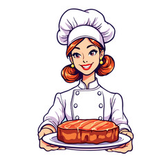Vsai female cartoon chef holding cooked steak on plate