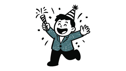 Party Time Joyful Illustration: A gleeful individual, donning a festive hat and wielding a celebratory noisemaker, sprints forward, surrounded by cheerful confetti, embodying pure delight.